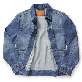 flatlay of The Ryder Jacket in Sun Bleached Denim, shown open
