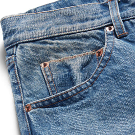 material shot of the selvage pocket on The Slim Jean in Fletcher Wash Organic Selvage