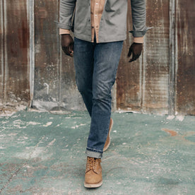 fit model walking in The Slim Jean in Sawyer Wash Organic Selvage