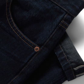 material shot of the selvage cuffs on The Slim Jean in Wallace Wash Organic Selvage