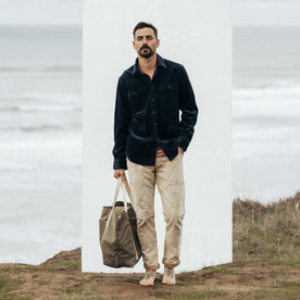 fit model wearing The Utility Shirt in Dark Navy Crepe Cord
