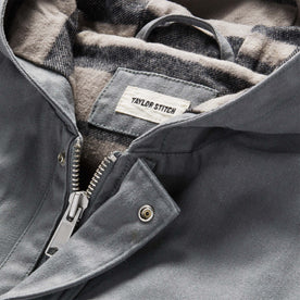 material shot of the zipper and interior lining on The Workhorse Hoodie in Gravel Boss Duck
