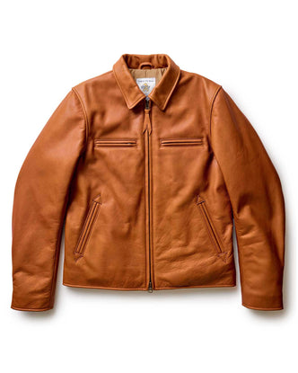 flatlay of The Moto Jacket in Whiskey Steerhide