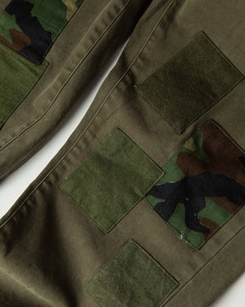 material shot of The Atelier and Repairs Chino in Olive, patches on front, Bottoms by Taylor Stitch