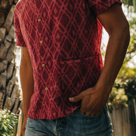 fit model with his hand in his pocket wearing The Havana in Wine Ikat