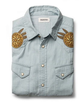 flatlay of The Embroidered Western Shirt in Washed Selvage, Wovens by Taylor Stitch