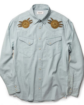 flatlay of The Embroidered Western Shirt in Washed Selvage, shown in full, Wovens by Taylor Stitch