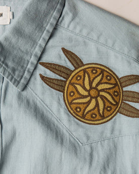 material shot of the embroidered yokes on The Embroidered Western Shirt in Washed Selvage, Wovens by Taylor Stitch