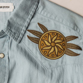 material shot of the embroidered yokes on The Embroidered Western Shirt in Washed Selvage