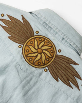 material shot of the back embroidered yoke on The Embroidered Western Shirt in Washed Selvage, Wovens by Taylor Stitch