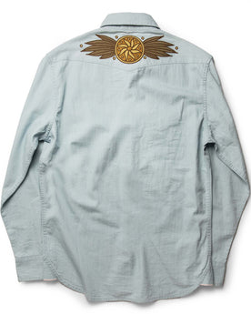 flatlay of The Embroidered Western Shirt in Washed Selvage, shown from the back, Wovens by Taylor Stitch