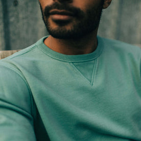 fit model wearing The Fillmore Crewneck in Teal