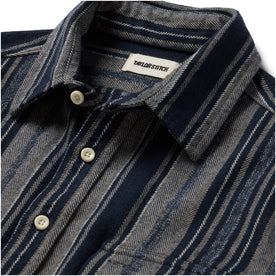 material shot of the collar and buttons on The Ledge Shirt in Ocean Stripe
