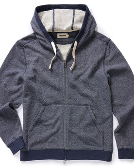 flatlay of The Apres Zip Hoodie in Heather Navy Terry, Knits by Taylor Stitch