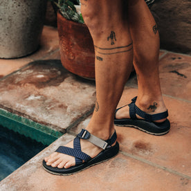 fit model wearing The Z/1 Classic USA in Navy Waffle by the pool