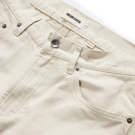 material shot of the button fly on The Democratic All Day Pant in Dune Canvas