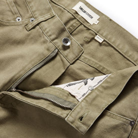material shot of the button fly unzipped on The Democratic All Day Pant in Arid Eucalyptus Canvas