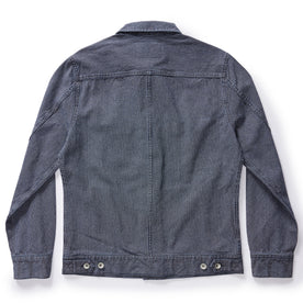 flatlay of The Long Haul Jacket in Washed Indigo Stripe, shown from back