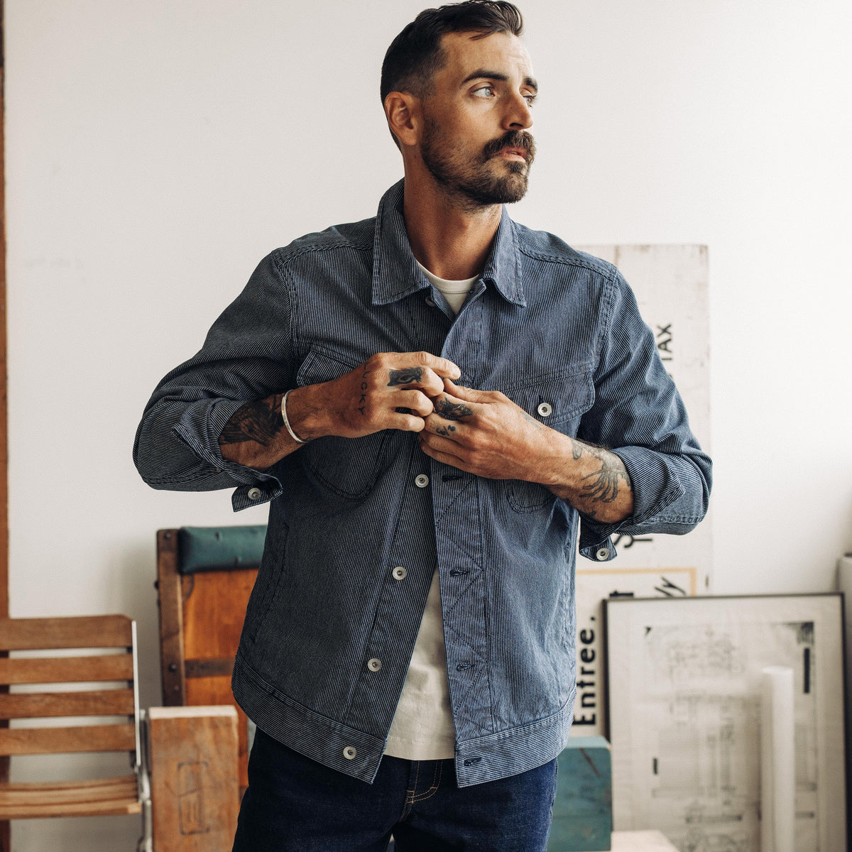 The Long Haul Trucker Jacket in Washed Indigo Stripe | Taylor Stitch