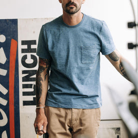 fit model in The Organic Cotton Tee in Dyed Indigo