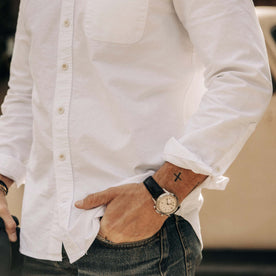 fit model showing the side of The Jack in White Everyday Oxford