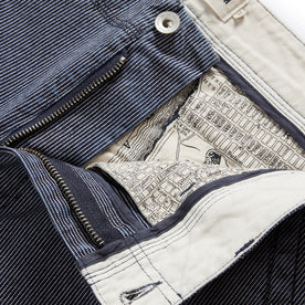 material shot of the zip fly undone on The Morse Pant in Washed Indigo Stripe