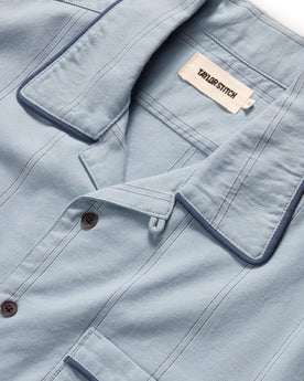 material shot of the camp collar on The Tulum in Blue Sky Stripe, Wovens by Taylor Stitch