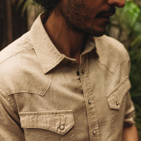fit model showing the front of The Western Shirt in Natural