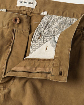 material shot of The Atelier and Repairs Chino in British Khaki, fly shot, Bottoms by Taylor Stitch