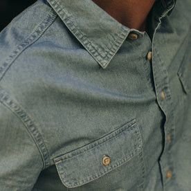 fit model wearing The Ledge Shirt in Sun Bleached Chambray, chest detail
