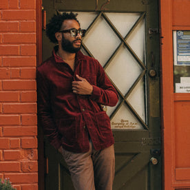 fit model wearing The Ojai Jacket in Burgundy Cord, looking right