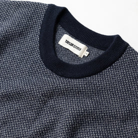 material shot of the collar on The Everett Sweater in Navy Birdseye