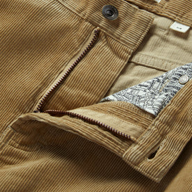 material shot of the zip fly on The Slim All Day Pant in Khaki Cord