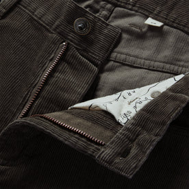 material shot of the zip fly on The Slim All Day Pant in Walnut Cord