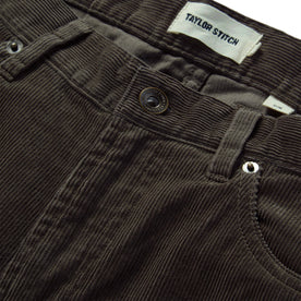material shot of the button closure on The Slim All Day Pant in Walnut Cord