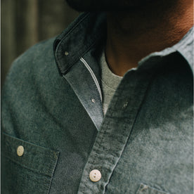 fit model showing selvage imagery for The Utility Shirt in Rinsed Selvage Chambray