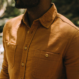 fit model showing the front of The Utility Shirt in Russet Double Cloth