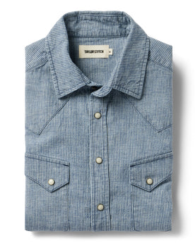 flatlay of The Western Shirt in Indigo Stripe, Wovens by Taylor Stitch