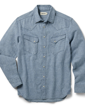 flatlay of The Western Shirt in Indigo Stripe, shown in full, Wovens by Taylor Stitch