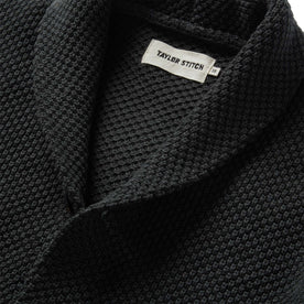 material shot of the shawl collar on The Crawford Sweater in Charcoal