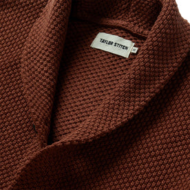 material shot of the shawl collar on The Crawford Sweater in Rust