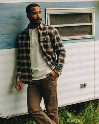 fit model posing in The Ledge Shirt in Admiral Plaid