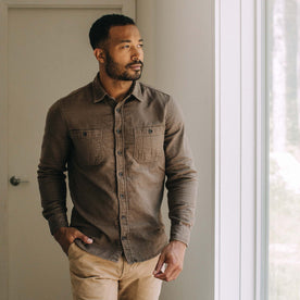 fit model wearing The Utility Shirt in Walnut Double Cloth