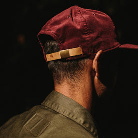 fit model wearing The Ball Cap in Burgundy Cord from the back