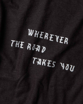 The Cotton Hemp Tee in Charcoal Open Road, material shot of front text, Knits by Taylor Stitch