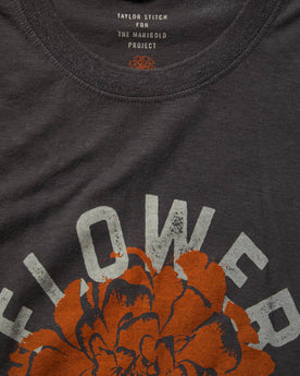 material shot of The Cotton Hemp Tee in Flower Power showing tag and close up of fabric, Knits by Taylor Stitch