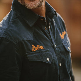 fit model wearing The Western Shirt in Better Together close up showing front yoke
