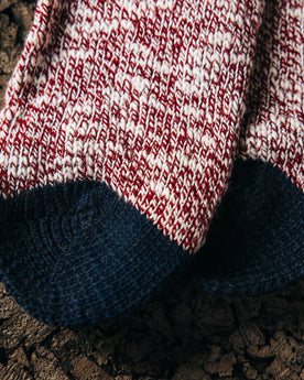 material shot of the toe on The Camp Sock in Heather Burgundy, Accessories by Taylor Stitch