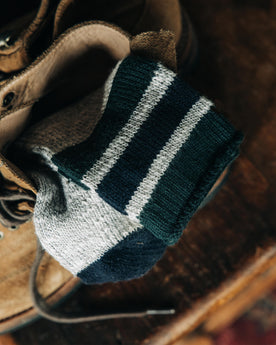 editorial image of The Camp Sock in Heather Grey in a boot, Accessories by Taylor Stitch