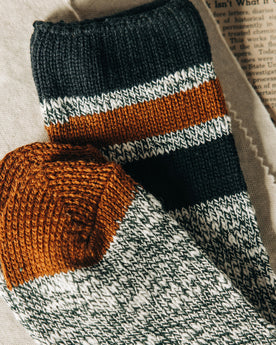 material shot of the toes on The Camp Sock in Heather Olive, Accessories by Taylor Stitch